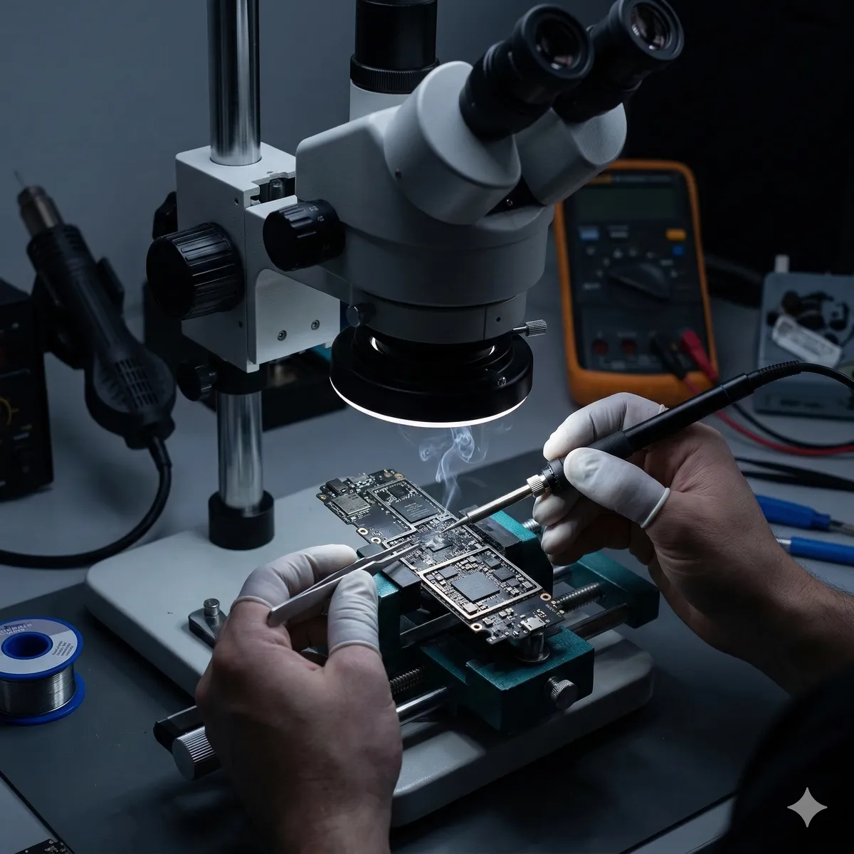 Technician performing micro-soldering on a smartphone logic board under a microscope