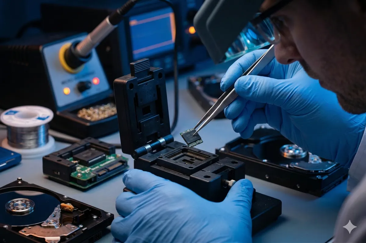 مهندس يقوم بقراءة شريحة ذاكرة الفلاش مباشرة بعد فصلها عن اللوحة